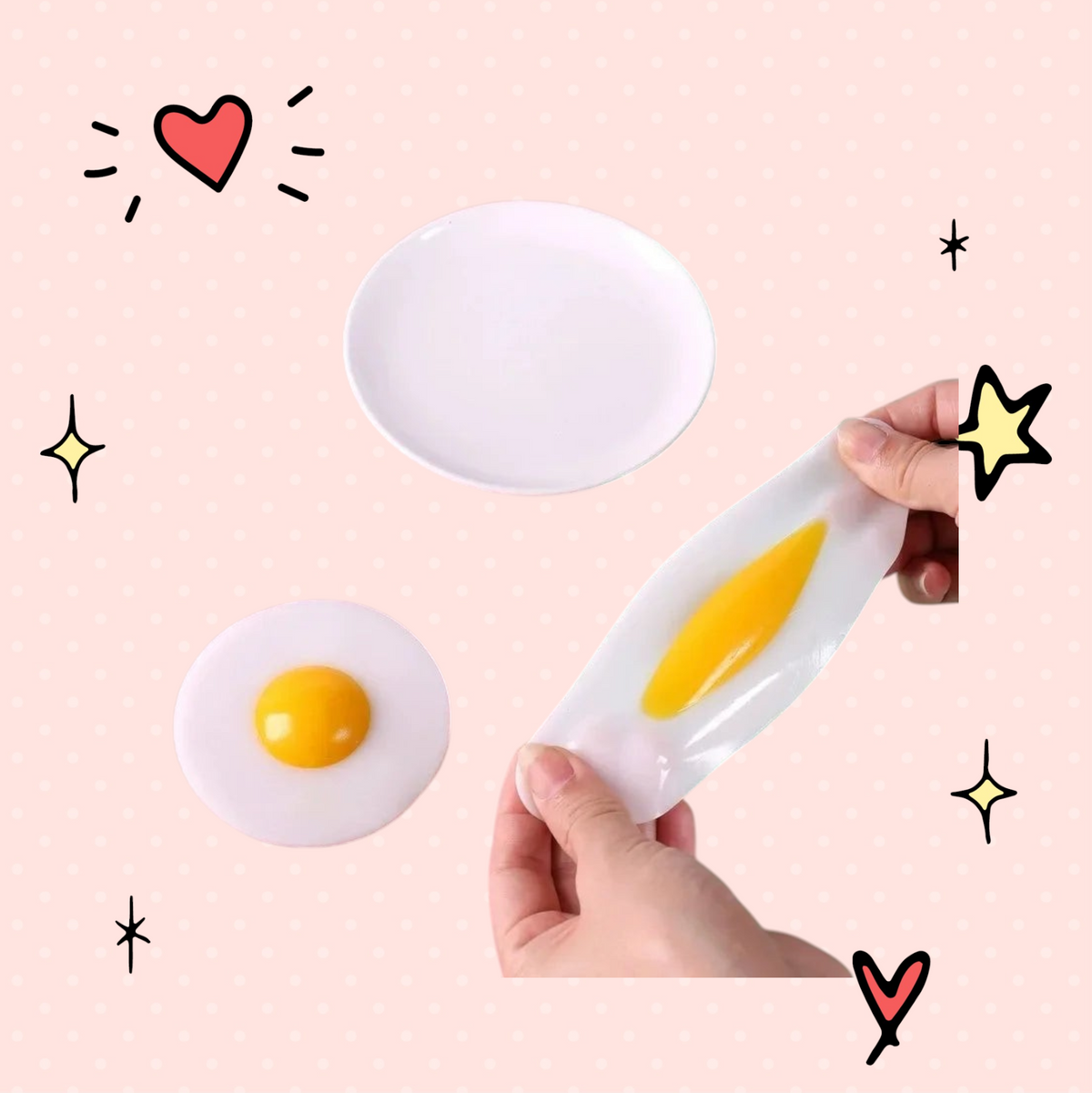 Foundry FitFit egg-shaped squishy fidget toy being stretched by hand next to a plate on a pink and green background