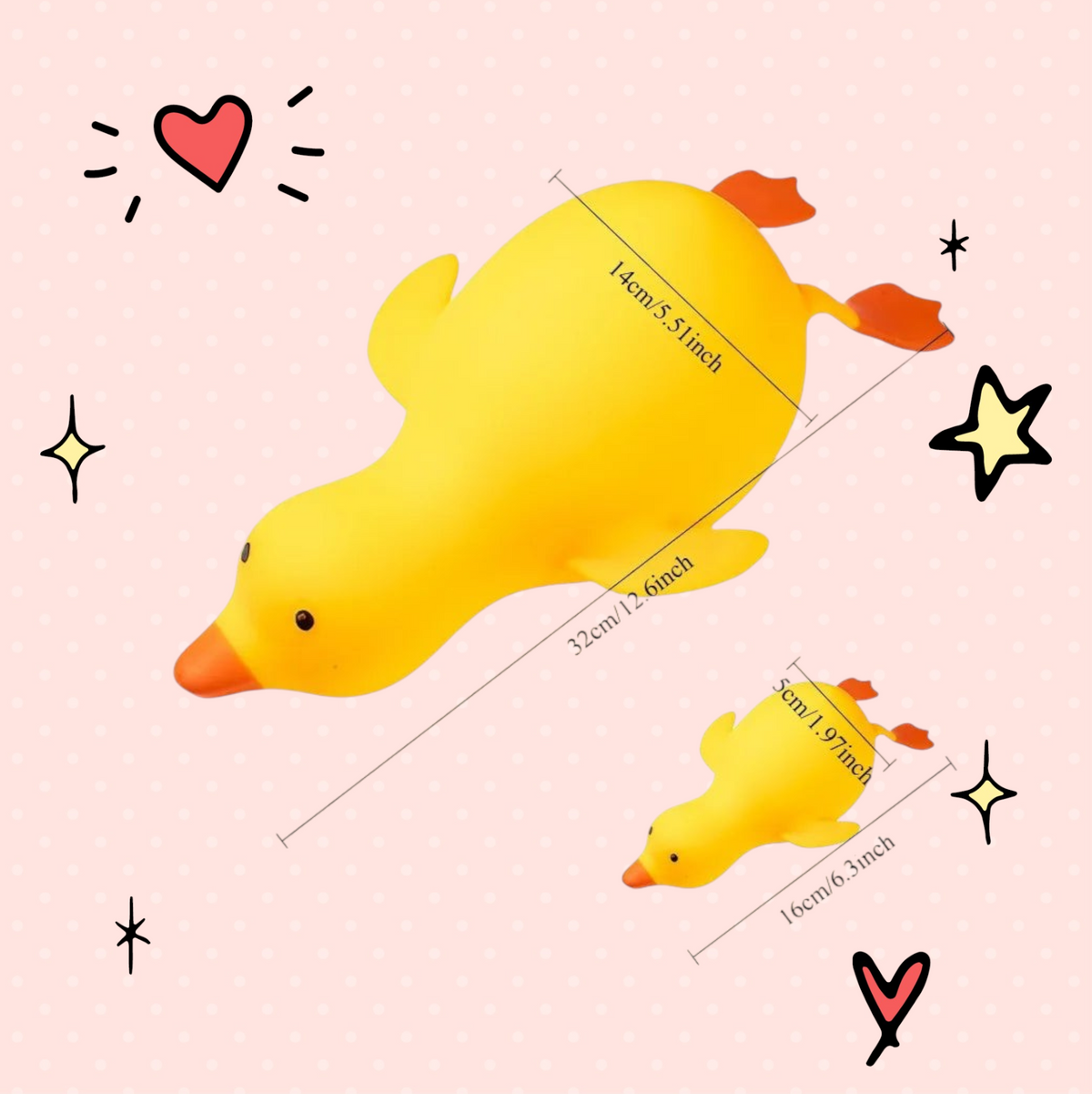 Foundry FitFit yellow squishy duck fidget toy showing size dimensions for large and small decompression goose models