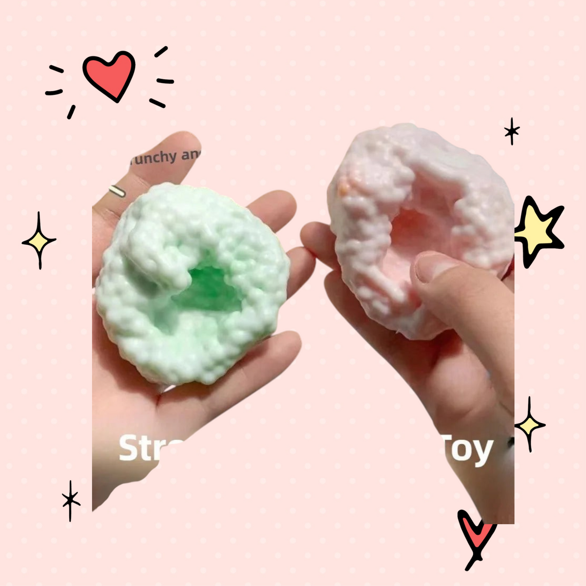 Foundry FitFit crunchy sensory stress balls in pastel green and pink being squeezed to show shape-retaining texture