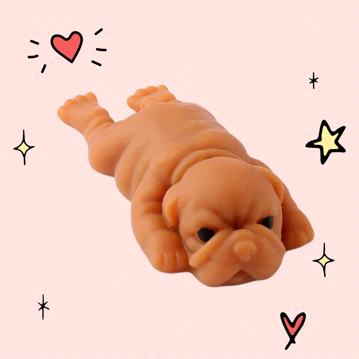 Foundry FitFit brown puppy squishy toy with a sleepy kawaii expression on a pink background with doodle stars and hearts