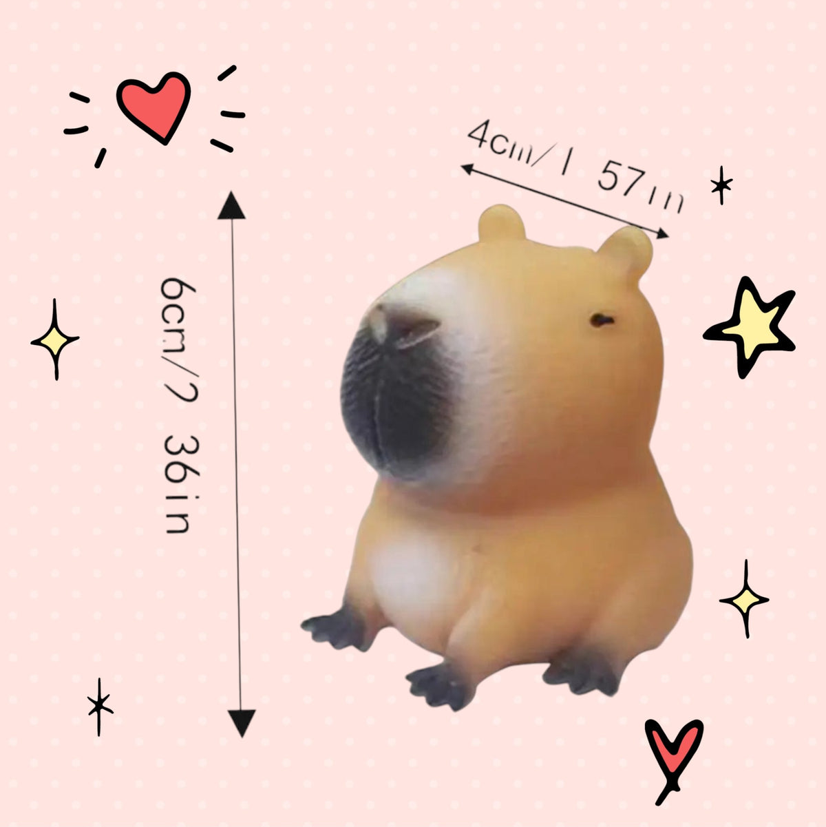 Foundry FitFit capybara squishy sensory toy with dimensions shown on a pink background with cute hand-drawn doodles.