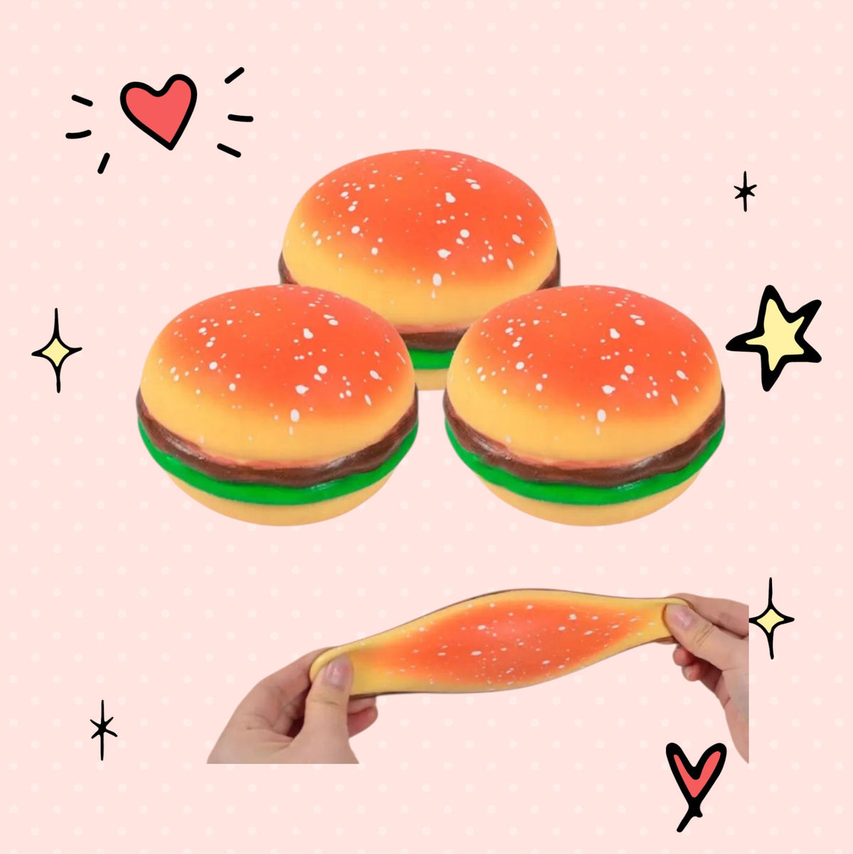 Foundry FitFit hamburger squishy stress relief toy with soft TPR material being stretched by hands