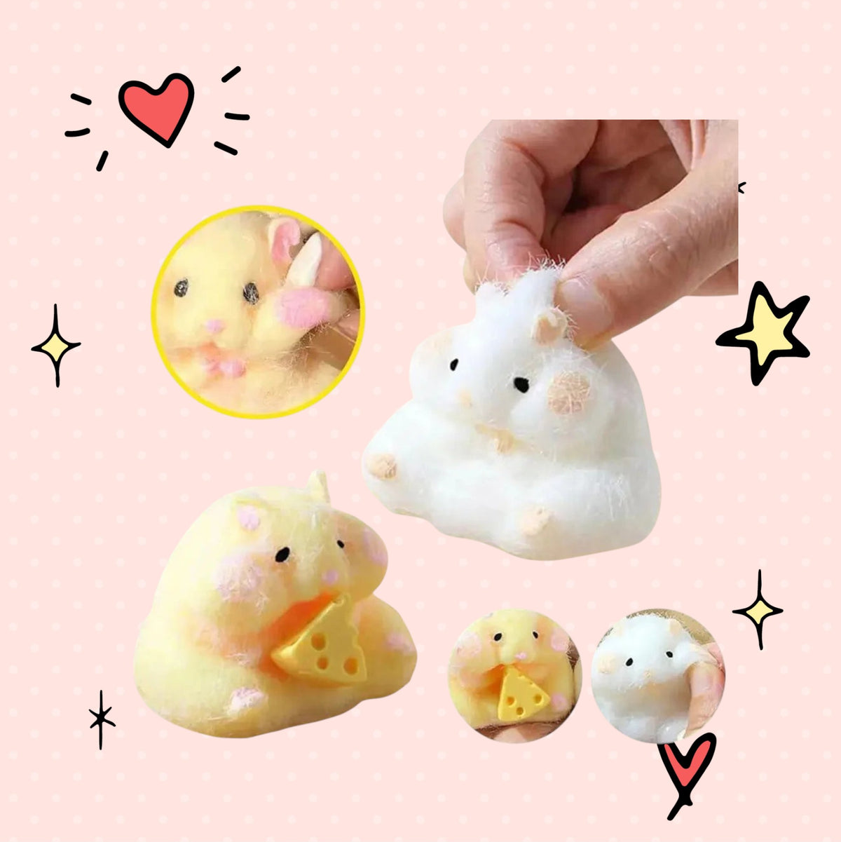 Foundry FitFit soft white and yellow hamster squishy toy with a cheese accessory for stress relief and fidgeting.