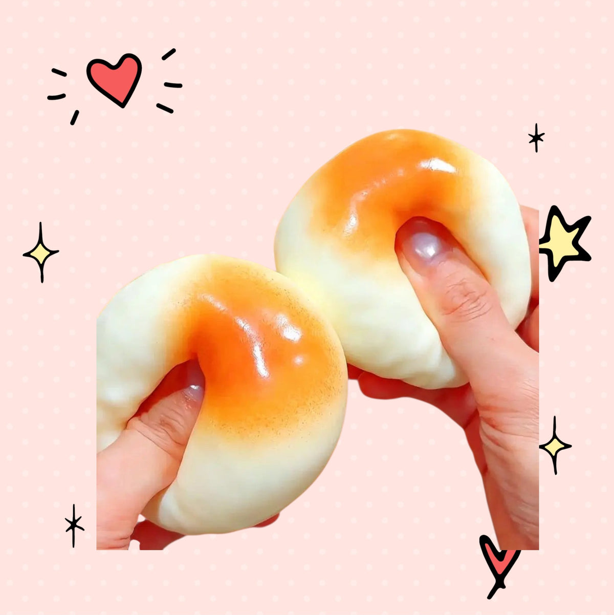 Foundry FitFit honey bread squishy toy being squeezed, featuring a soft orange and white pastry design for stress relief