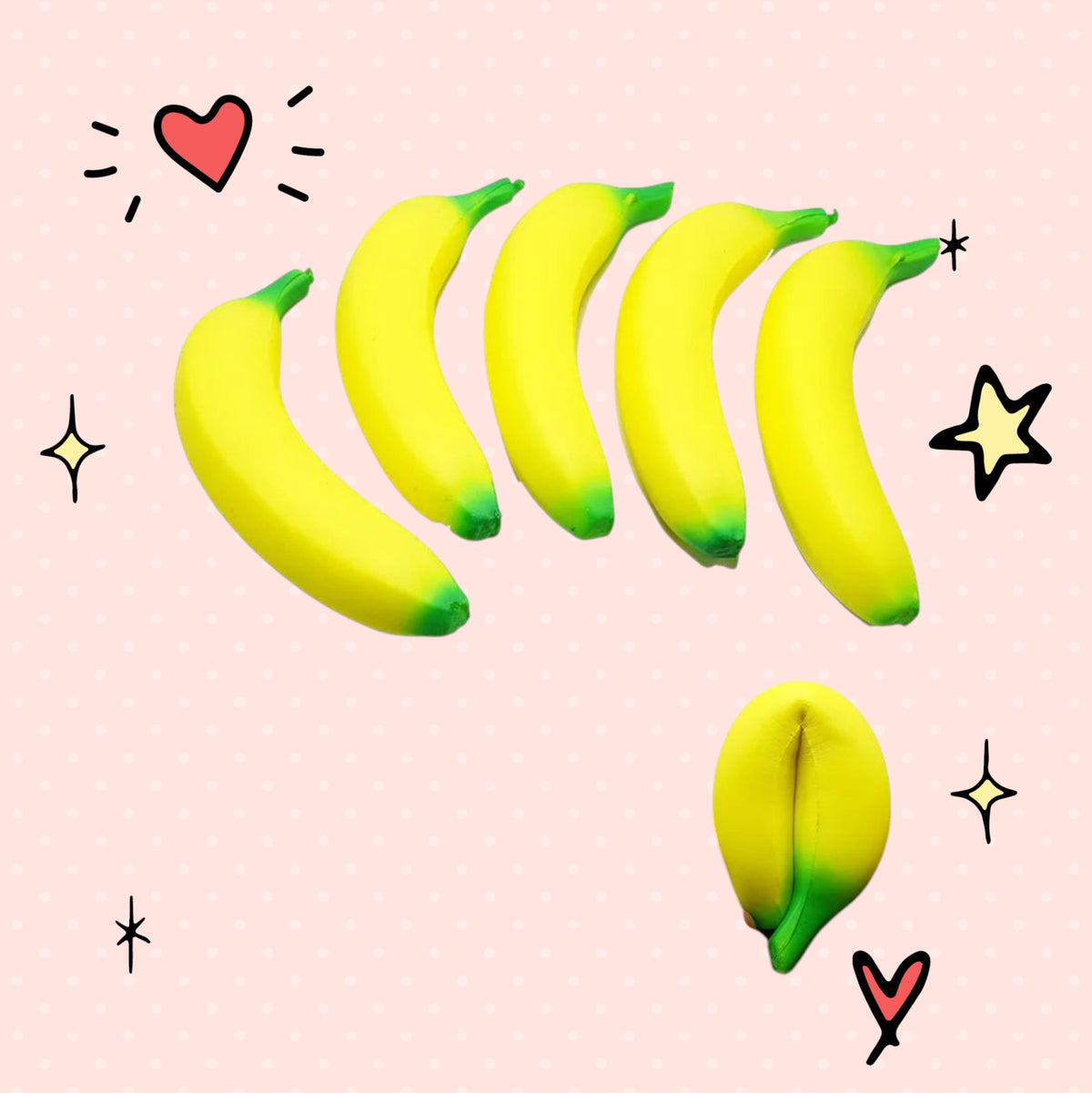 Foundry FitFit jumbo yellow banana squishy toy with green tips, showing multiple units and a hand squeezing one.