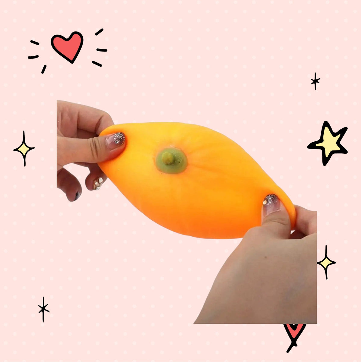 Foundry FitFit orange pumpkin squishy toy being stretched by hands on a light pink background with doodle icons