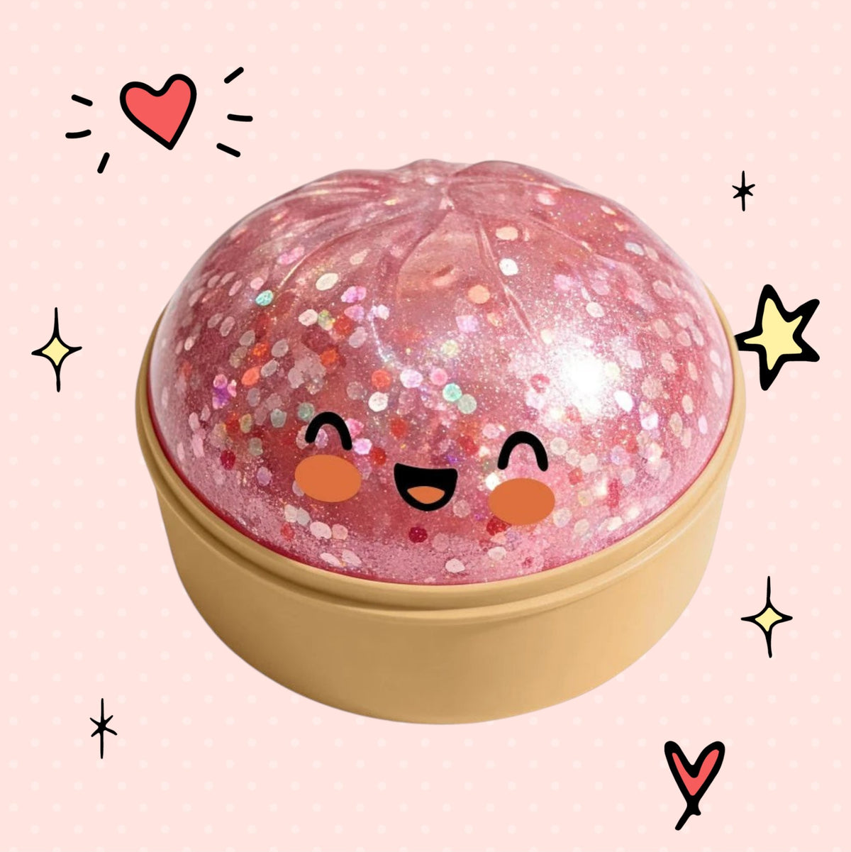 Foundry FitFit pink translucent glitter dumpling squishy toy with a cute smiling face in a beige base