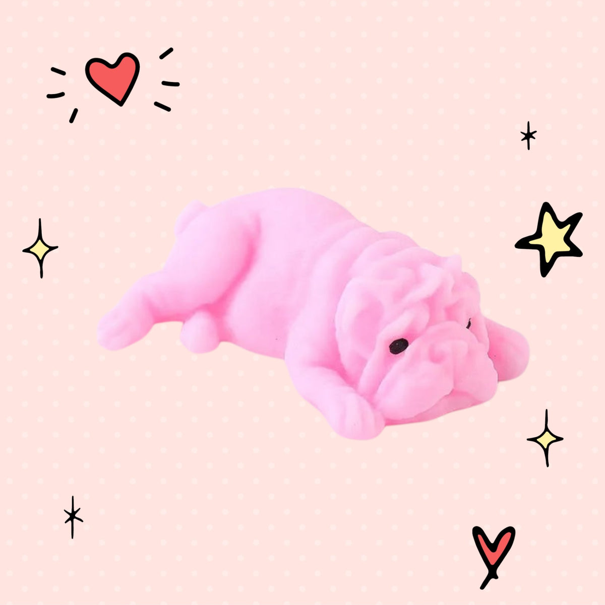 Foundry FitFit pink puppy squishy toy with a sleepy kawaii expression on a dotted background with hand-drawn stars