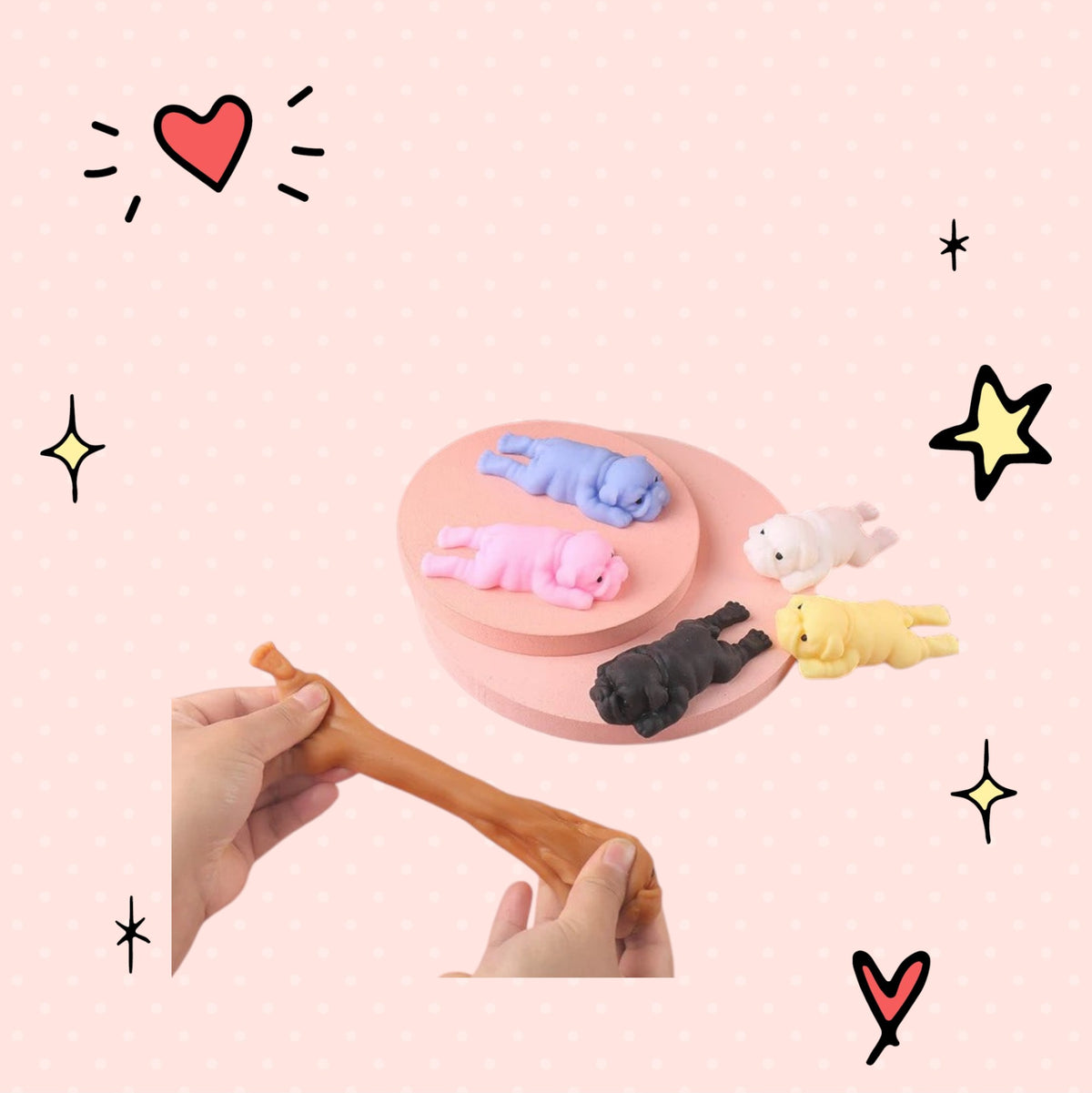 Foundry FitFit kawaii puppy squishies in assorted colors being stretched by hand on a pink display stand