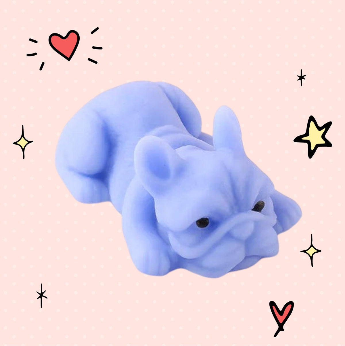Foundry FitFit light purple kawaii French bulldog squishy toy with a soft slow-rise texture on a pink dotted background