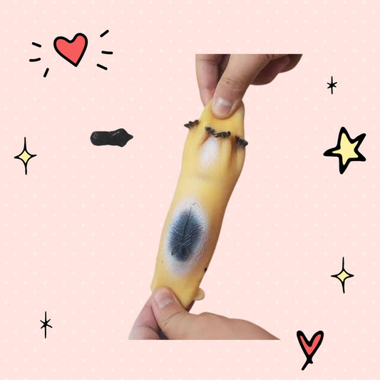 Foundry FitFit capybara squishy toy being stretched by hand, featuring a soft, squeezable tan silicone texture.