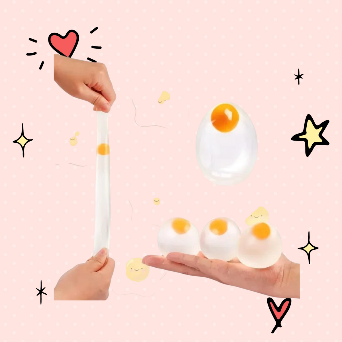 Foundry FitFit clear egg-shaped squishy stress relief toy being stretched and held in hand for sensory play