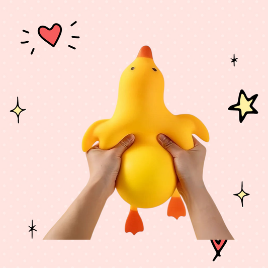 Foundry FitFit yellow squishy duck fidget toy being stretched by hands for stress relief and sensory play