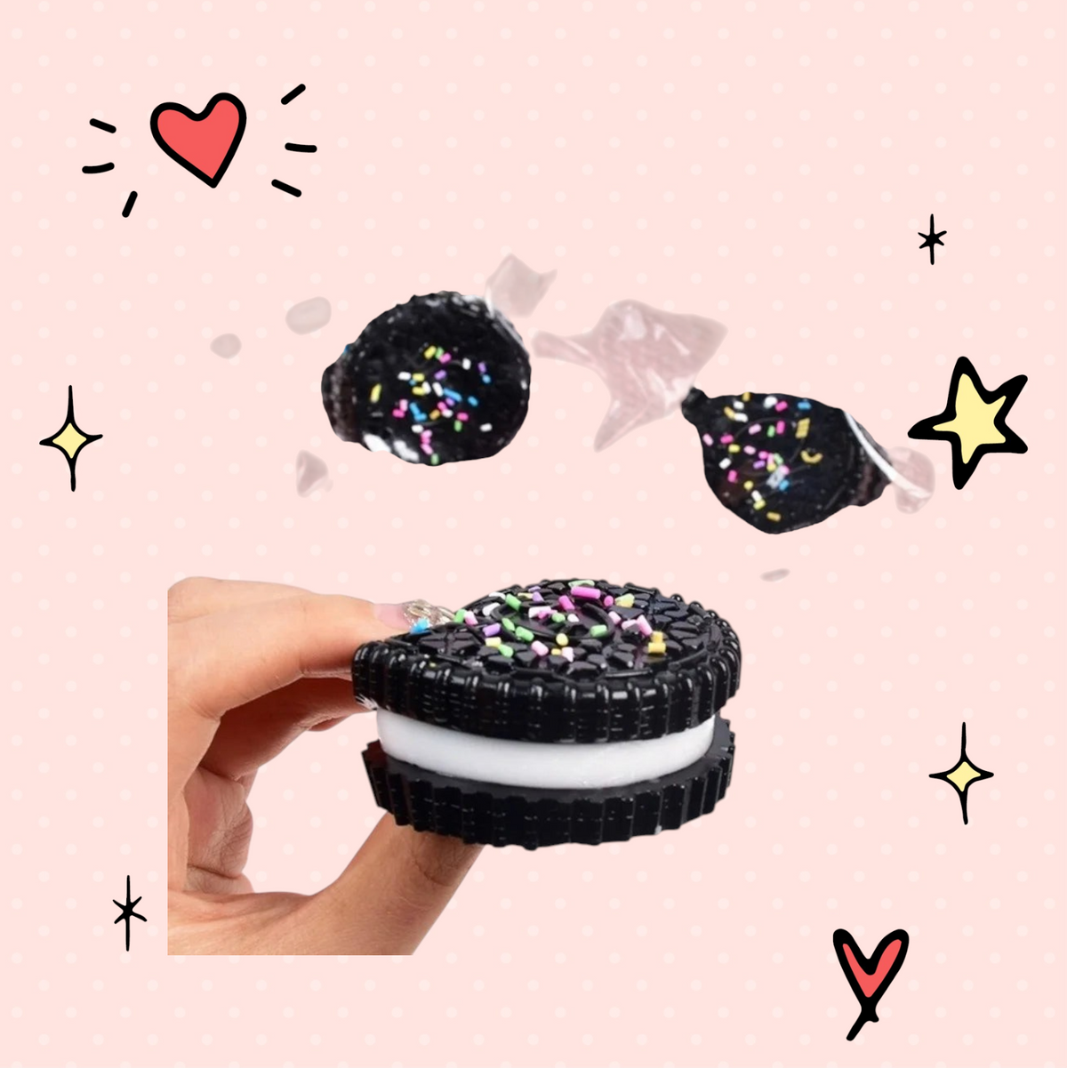 Foundry FitFit Oreo style sandwich cookie squishy toy with colorful sprinkles held in a hand