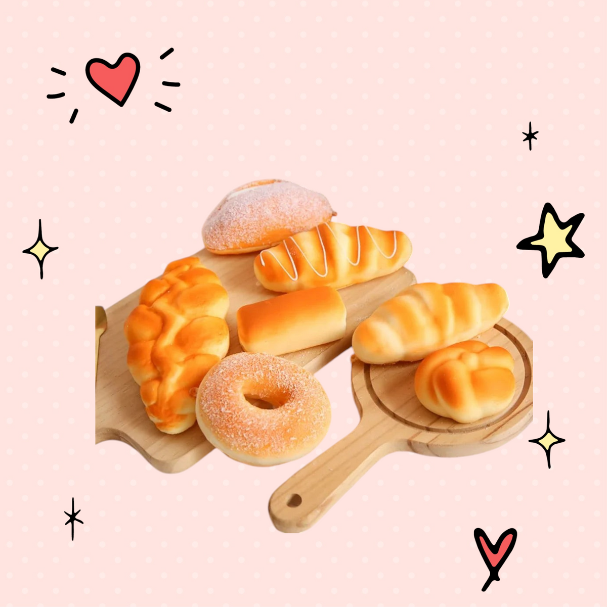Foundry FitFit collection of realistic squishy bread and donut stress relief toys on a wooden serving board