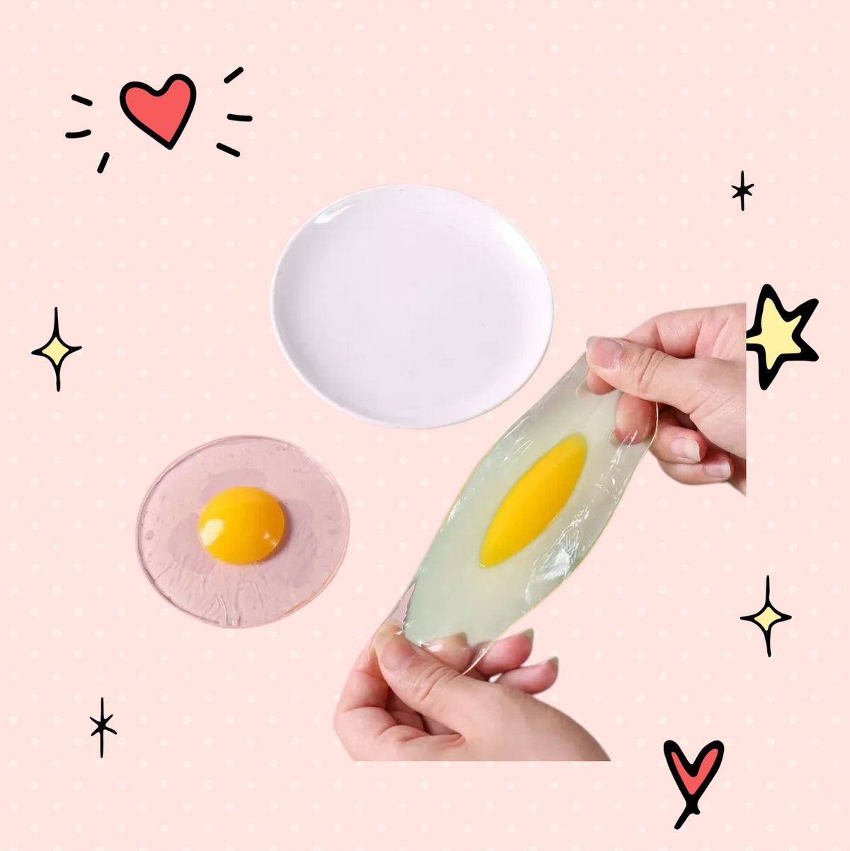 Foundry FitFit egg-shaped squishy fidget toy being stretched by hands next to a fried egg replica on a plate
