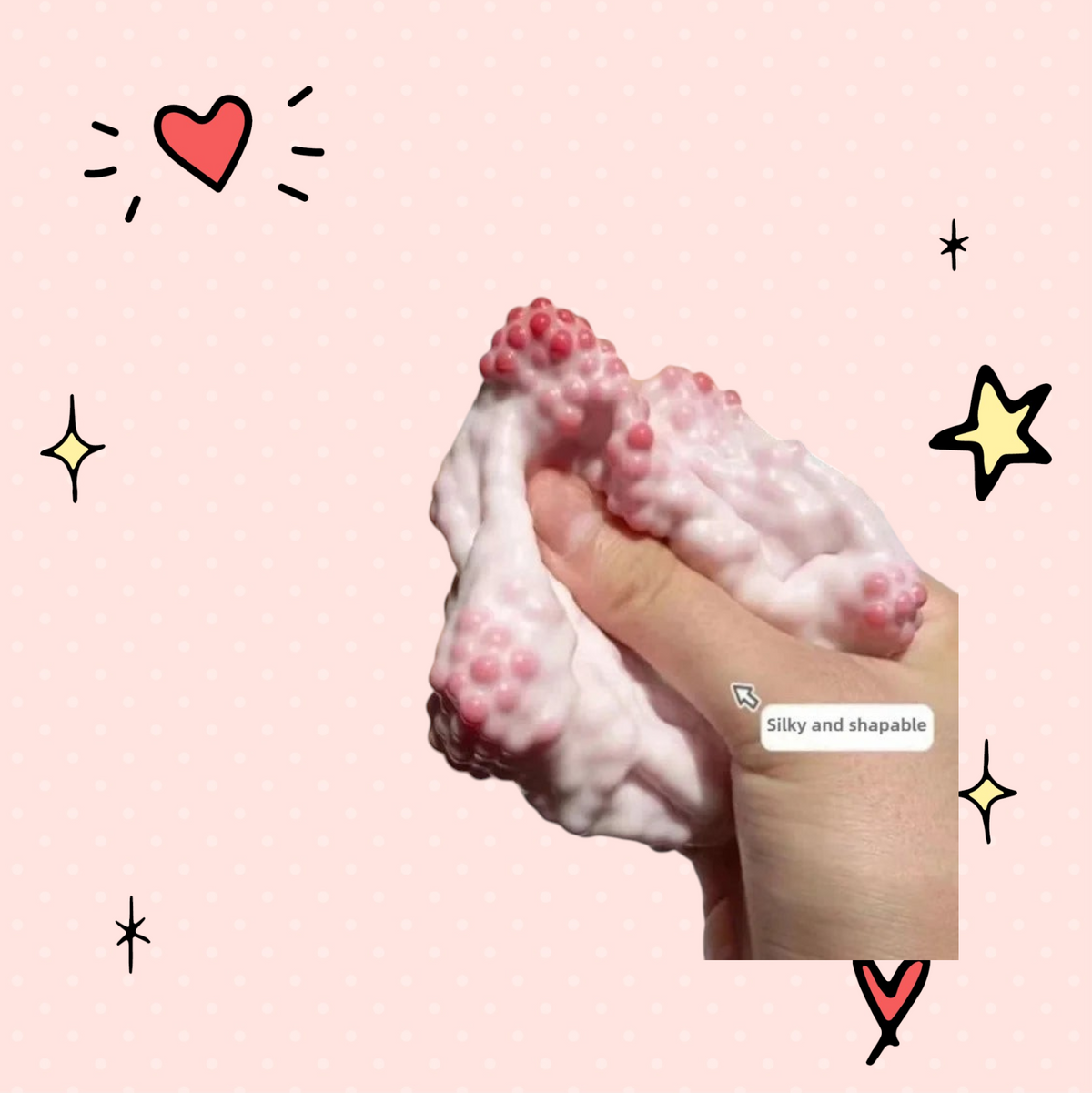 Foundry FitFit crunchy sensory stress ball being squeezed by hand, showing pink textured surface and soft TPR material.