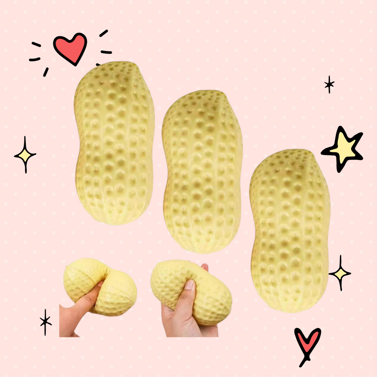 Foundry FitFit peanut-shaped squishy stress toy in beige with a textured shell, shown being squeezed by hand.