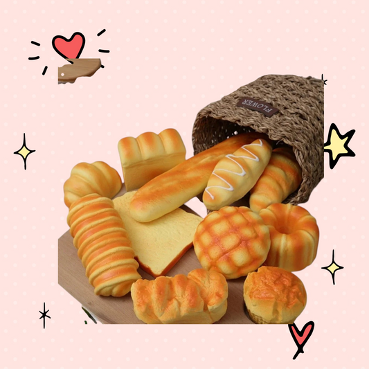 Foundry FitFit collection of realistic squishy bread toys including baguettes, toast, and buns for stress relief