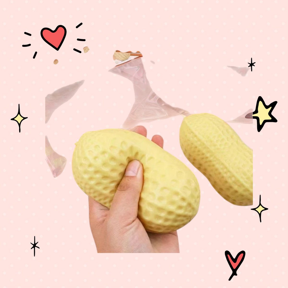 Foundry FitFit Plentiful Peanut Squishy stress-relief toy being squeezed by a hand, featuring a soft yellow texture.