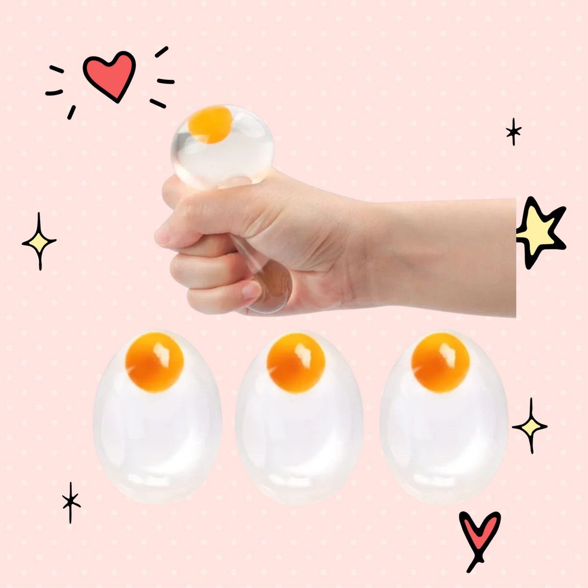 Foundry FitFit clear egg-shaped squishy stress relief ball being squeezed by a hand for sensory anxiety reduction