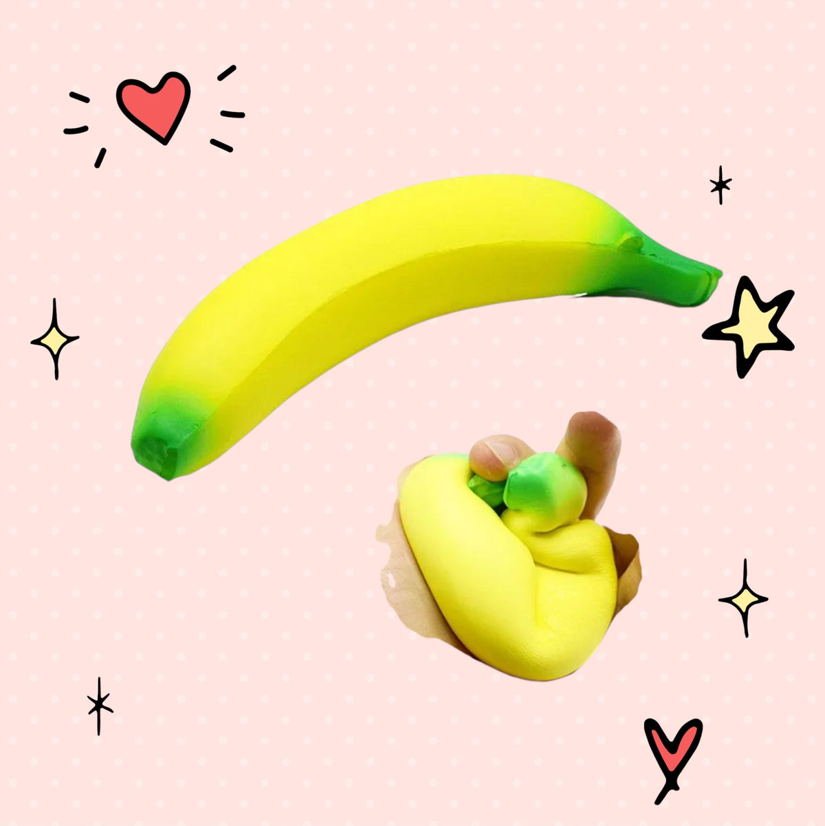 Foundry FitFit jumbo slow-rise banana squishy toy being squeezed, showing soft foam texture on a pink background.