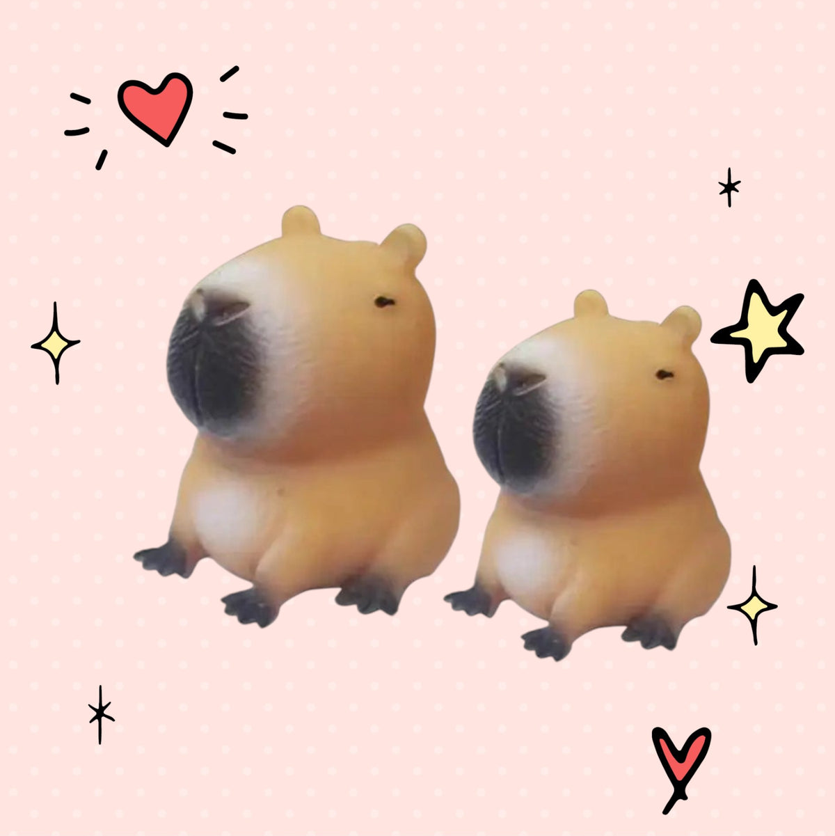 Foundry FitFit capybara squishy toys in small and large sizes with soft tan silicone texture and black details.