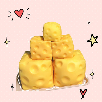 Foundry FitFit yellow cheese block squishy fidget toys in various sizes with realistic holes for stress relief