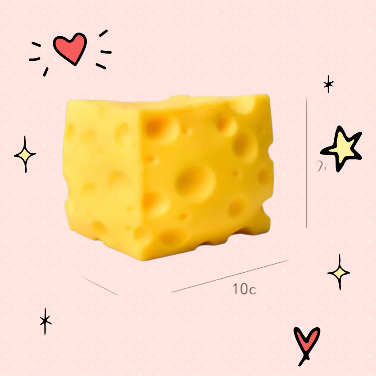 Foundry FitFit yellow cheese block squishy fidget toy with realistic holes on a pink background with doodle icons.