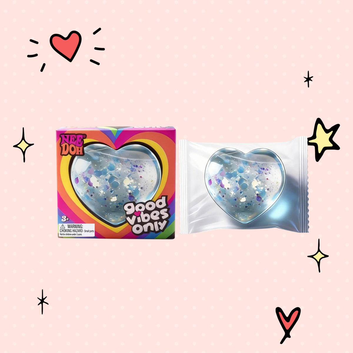 Foundry FitFit Caring Heart Squishy with glittery heart-shaped stress toy in packaging and box on pink background