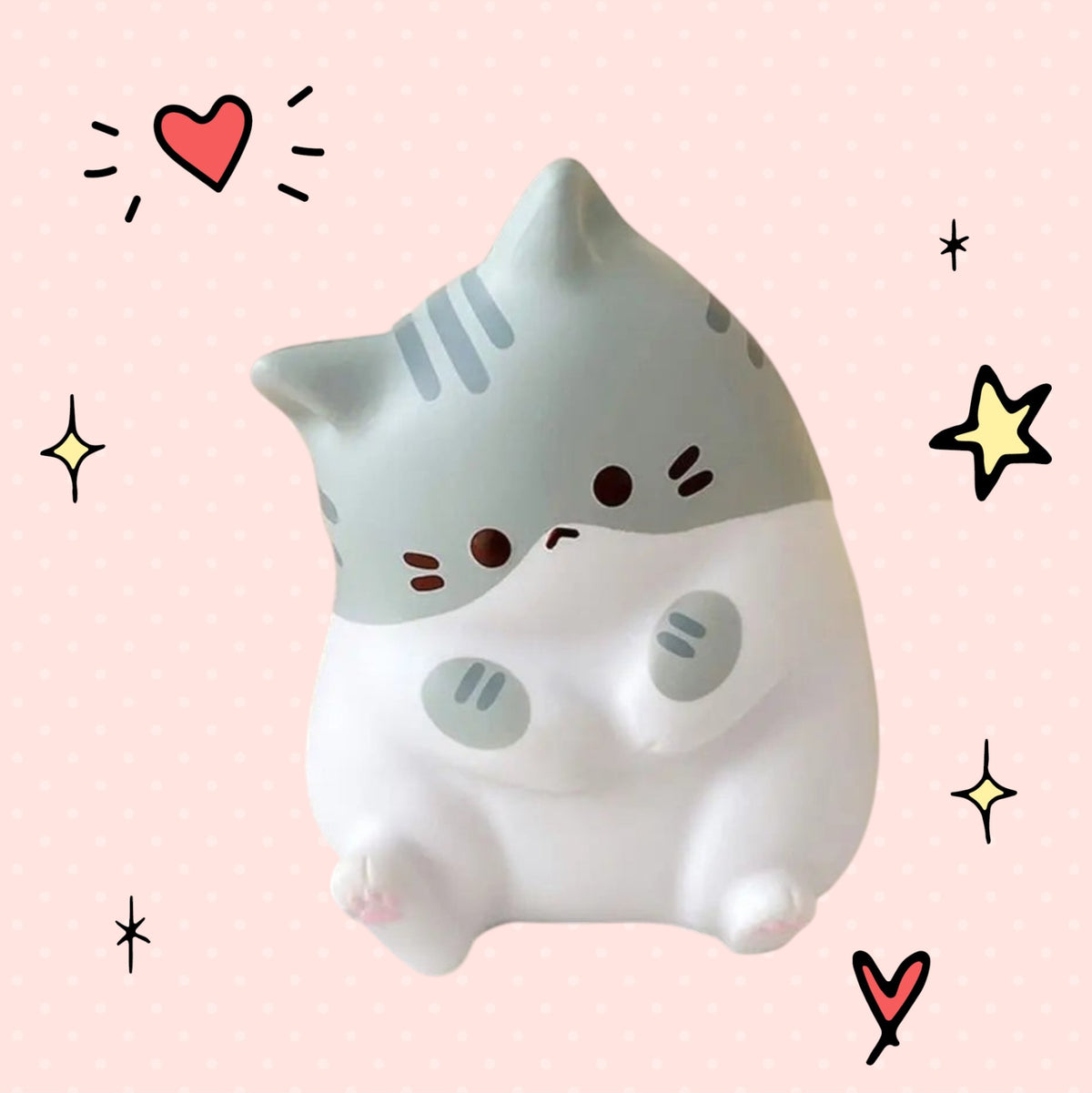 Foundry FitFit grey and white cartoon cat squishy toy for stress relief and fidgeting
