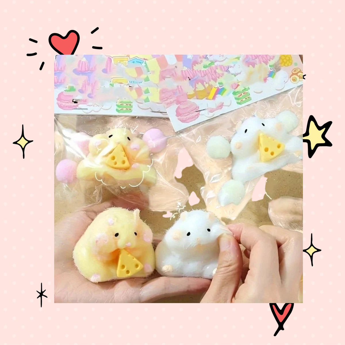 Foundry FitFit hamster squishies in yellow and white with cheese accessories, held in hands for stress relief.