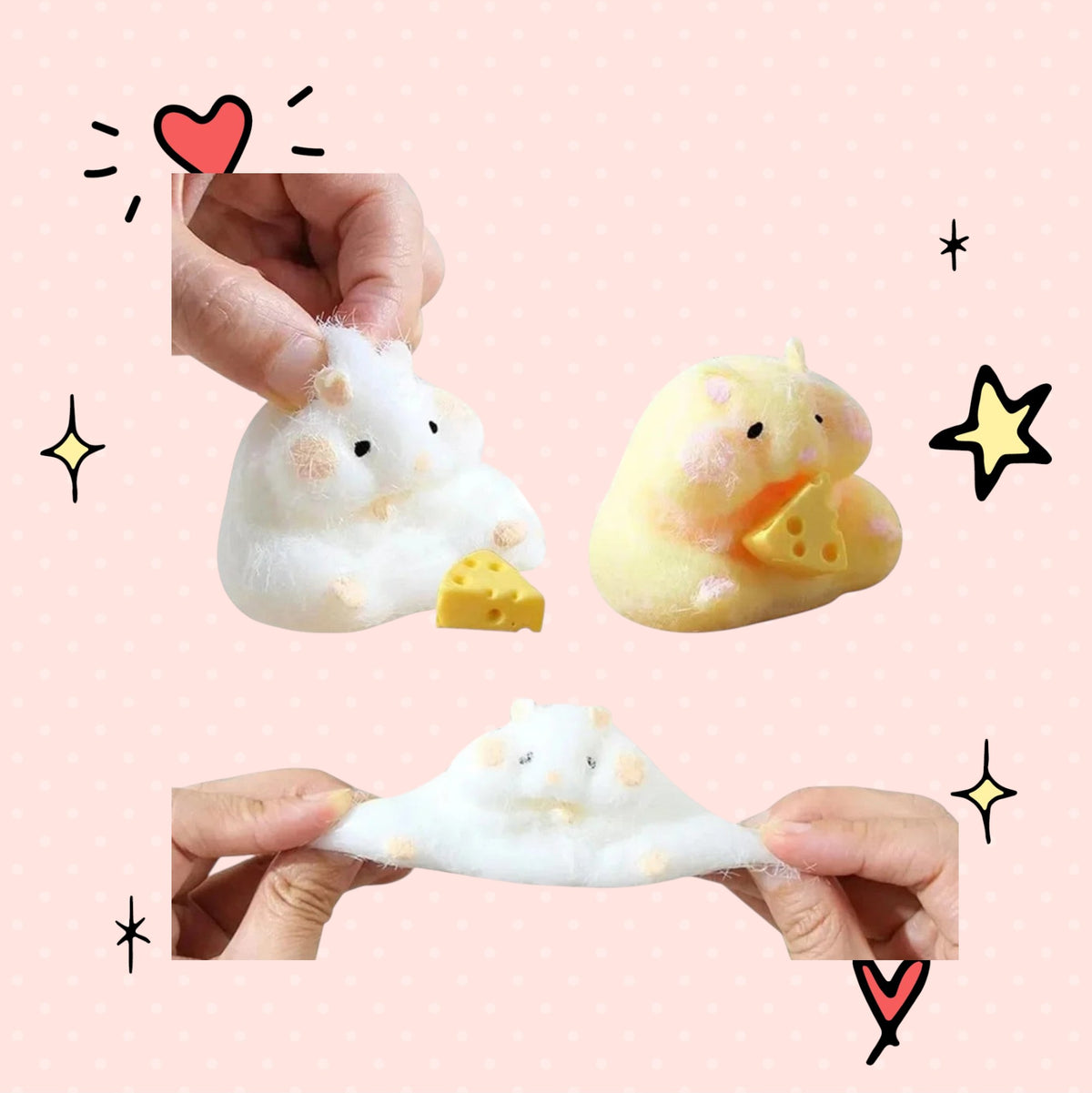 Foundry FitFit soft white and yellow hamster squishy toys with cheese accessories being squeezed and stretched