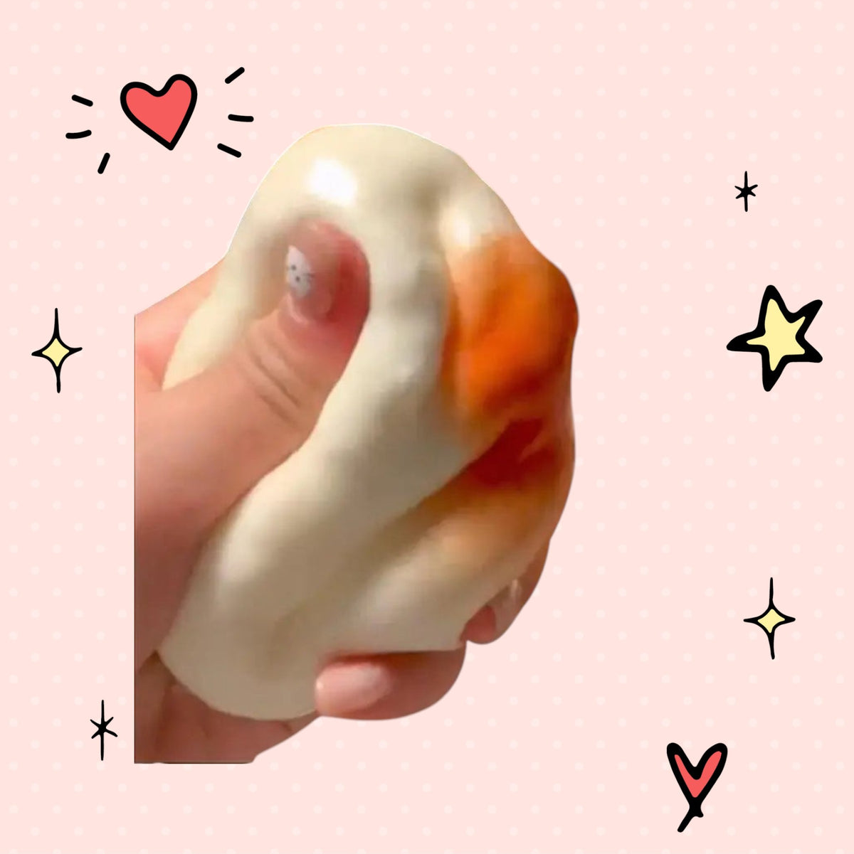 Foundry FitFit honey bread squishy toy being squeezed, showing soft orange and white rubber texture for stress relief.