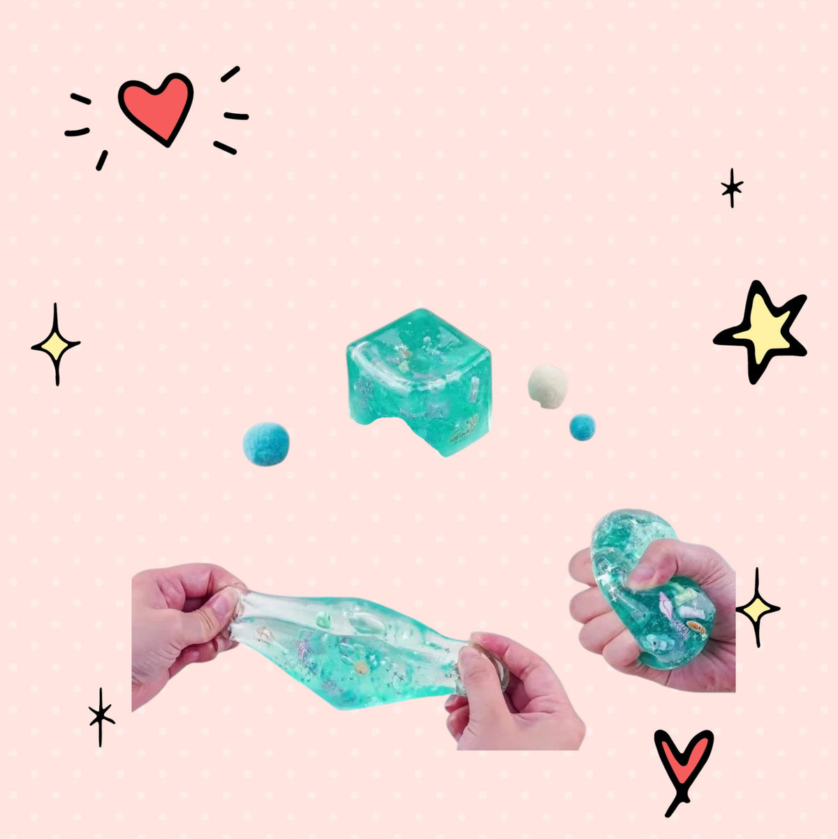 Foundry FitFit ocean-themed squishy cube with crystal-soil filling being stretched and squeezed for sensory play.