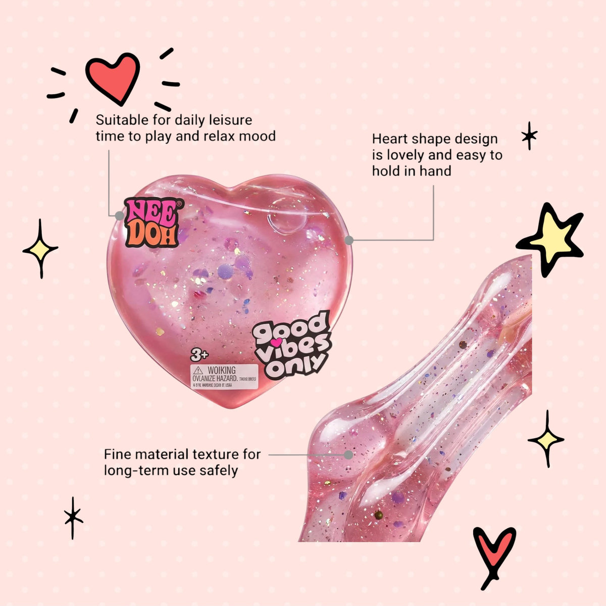 Foundry FitFit pink heart-shaped Nee Doh squishy toy with glitter and good vibes only text for stress relief