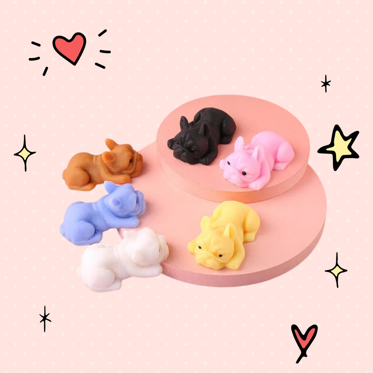 Foundry FitFit set of six colorful kawaii puppy squishies in various pastel and bold shades on a pink display stand.