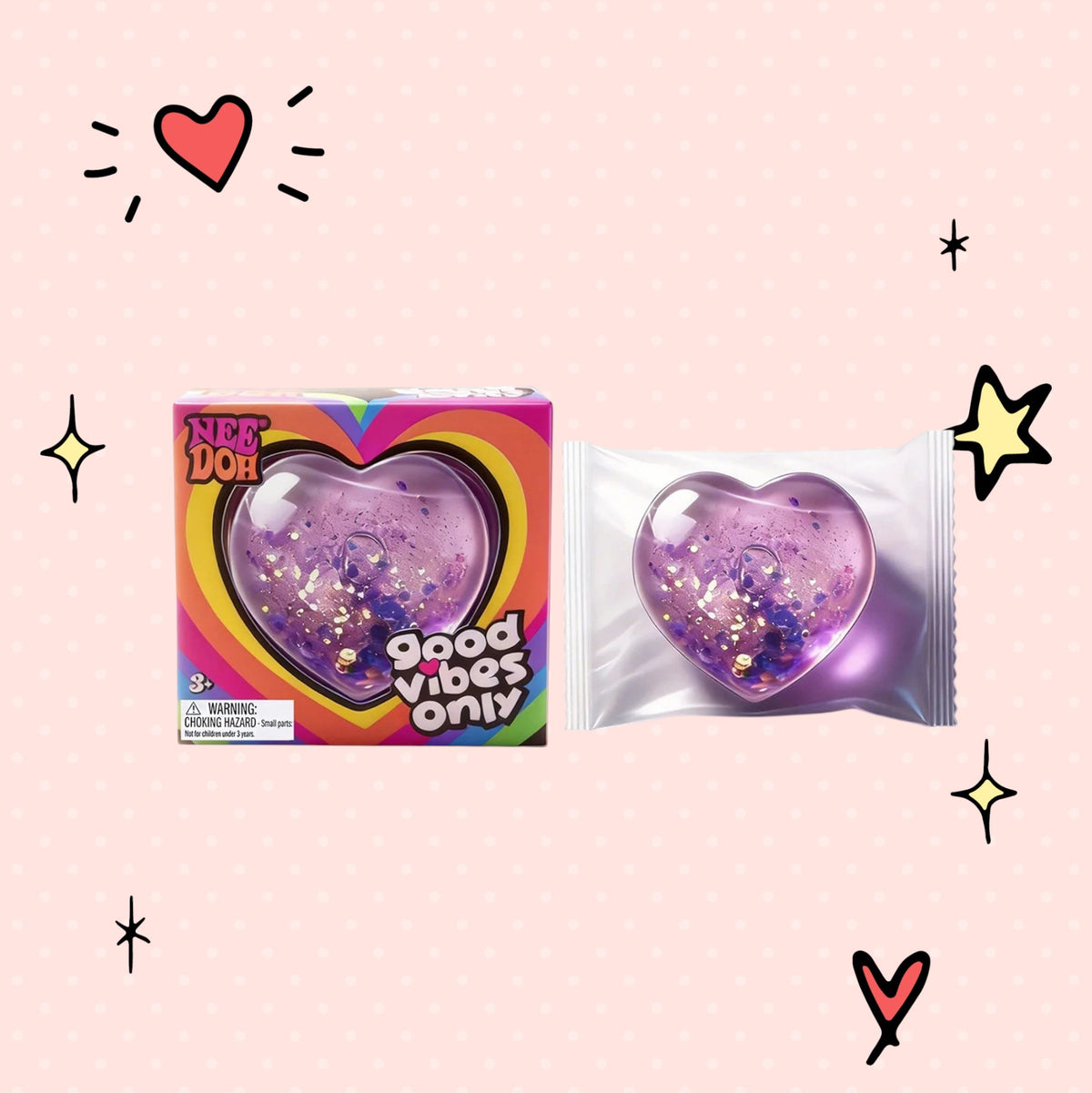 Foundry FitFit purple heart-shaped squishy toy with glitter inside, shown in packaging next to its branded box.