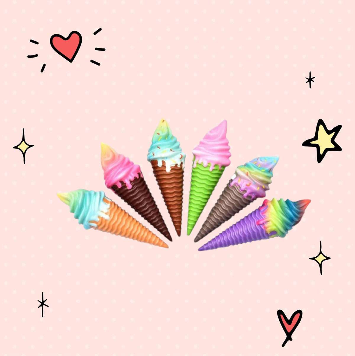 Foundry FitFit soft served squishy ice cream cones in various pastel and rainbow colours for sensory stress relief