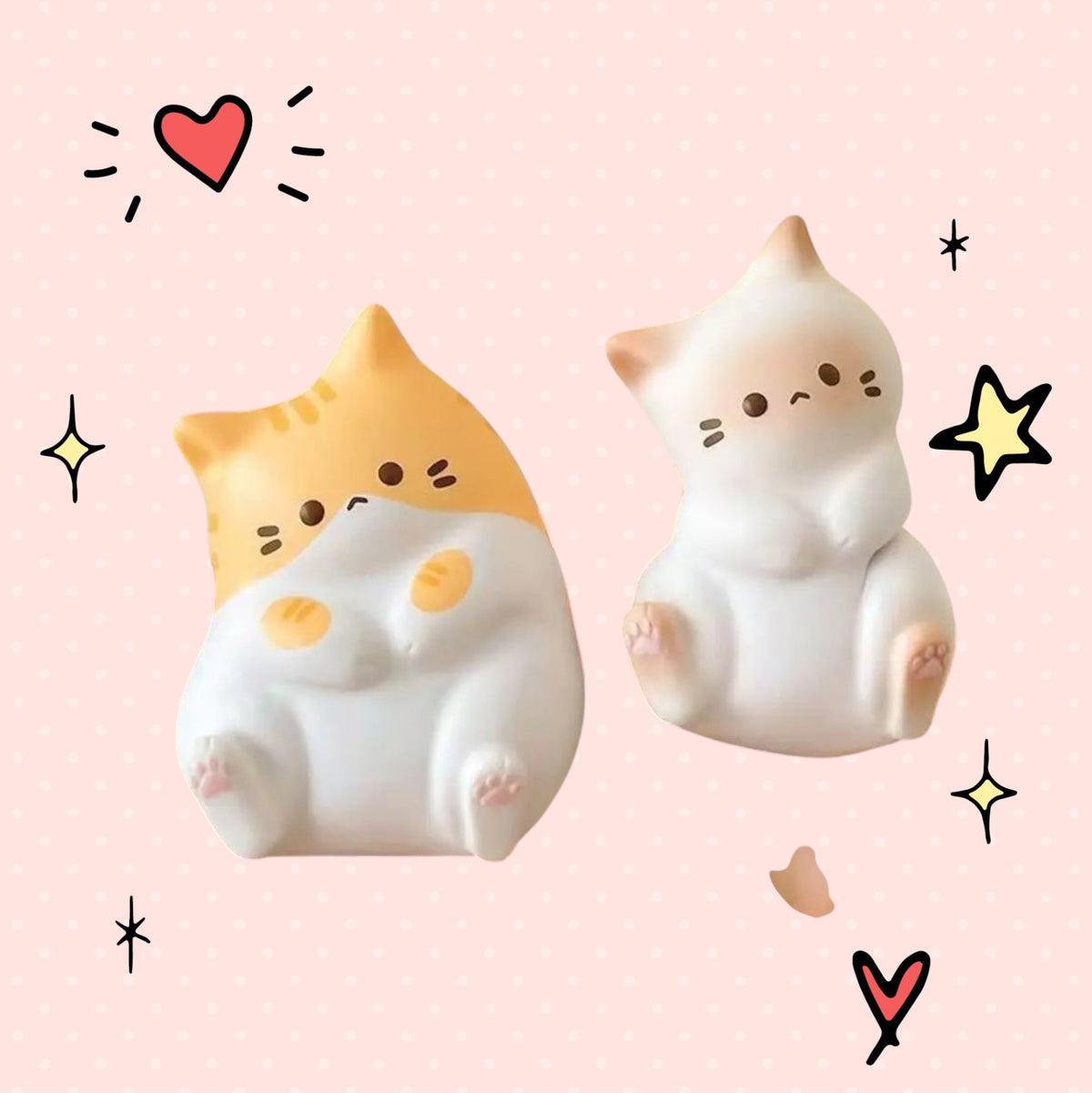 Foundry FitFit Squishy Kitties cartoon cat squeeze toys in orange, white, and grey soft polyurethane for stress relief