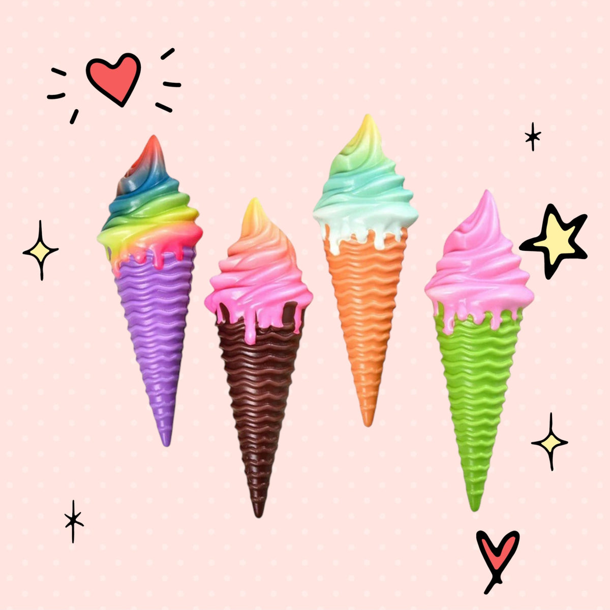 Foundry FitFit soft served squishy ice cream cones in assorted rainbow, pink, and pastel colors for sensory play.