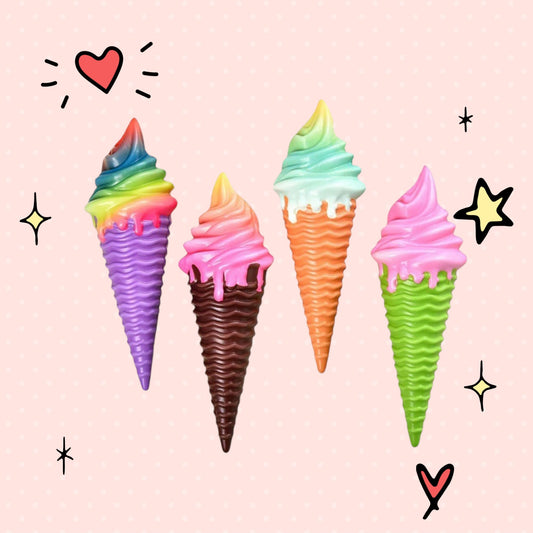Foundry FitFit soft served squishy ice cream cones in assorted rainbow, pink, and pastel colors for sensory play.