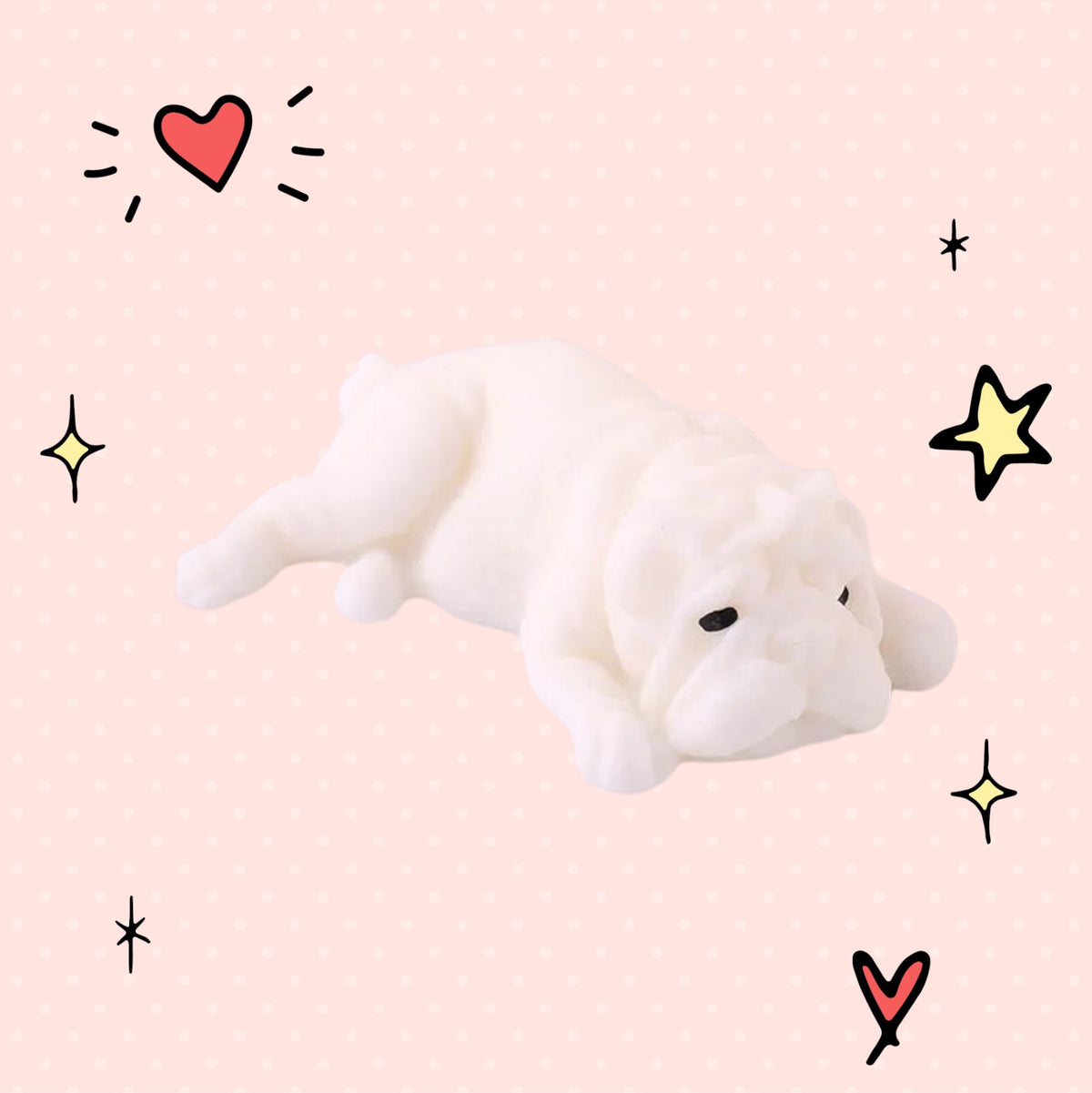 Foundry FitFit white puppy squishy toy with a sleepy kawaii expression, perfect for stress relief and sensory play.