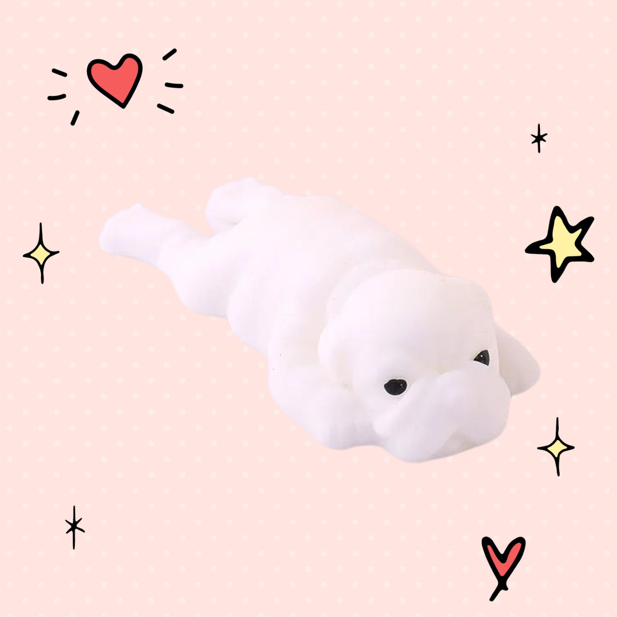 Foundry FitFit white puppy squishy toy with a sleepy kawaii expression on a pink background with doodle stars and hearts