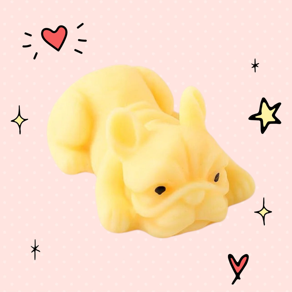 Foundry FitFit yellow puppy squishy toy with a sleepy kawaii expression on a pink background with doodle stars