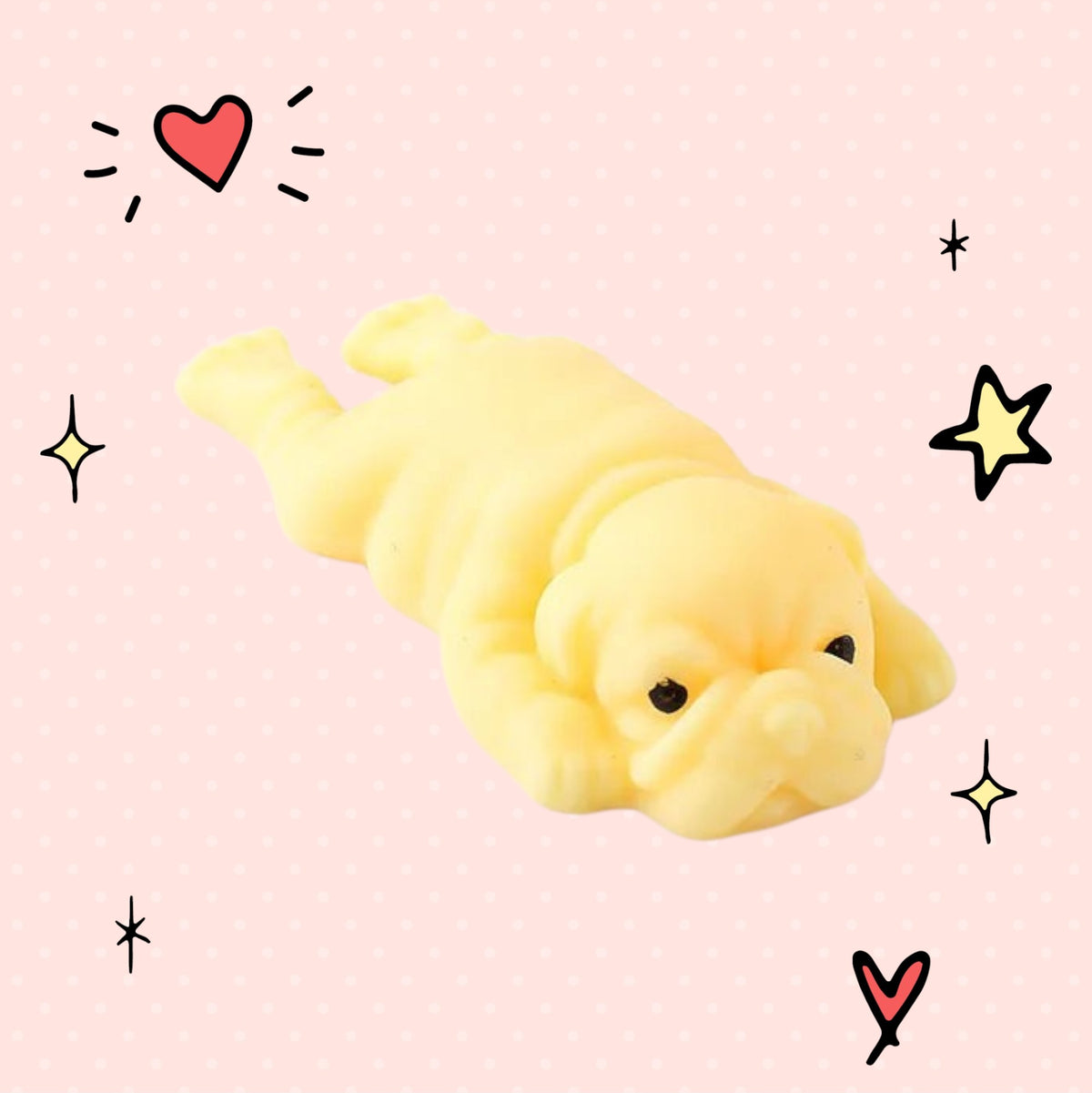 Foundry FitFit yellow puppy squishy toy with a sleepy kawaii expression and soft slow-rise texture